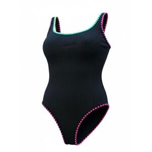 Poppy Vale Black Ribbed One Piece Swimsuit Women's Size L Neon Trim